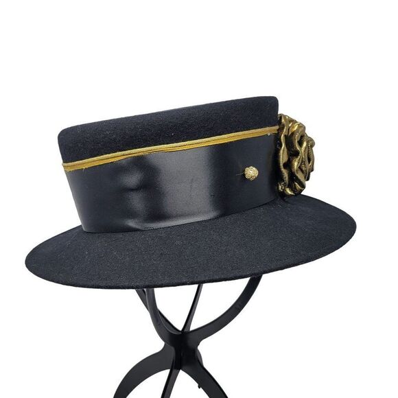 Vintage Steampunk 100% Wool Felt Top Hat‎ Black Gold 3D Rosette USA Cosplay - Picture 4 of 7